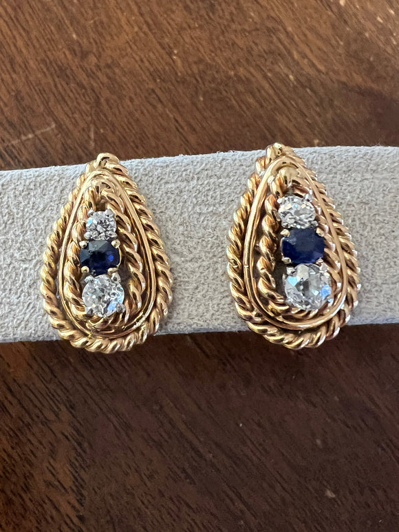 Gold Diamonds and Sapphires Vintage Earrings