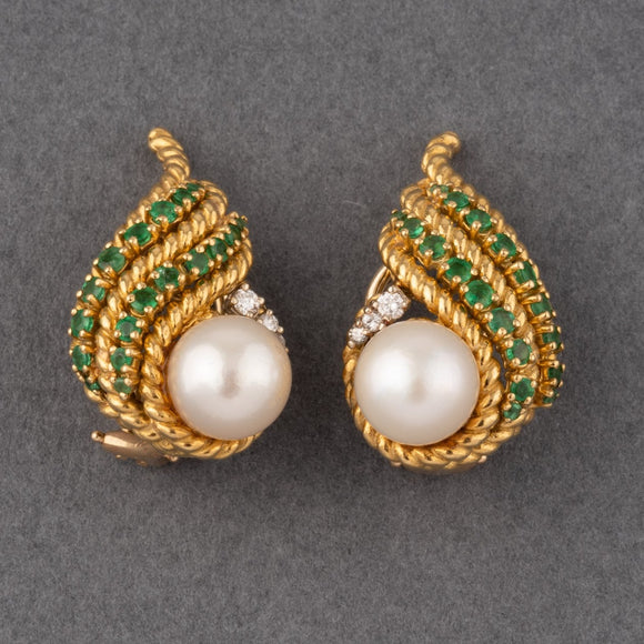 Boucles d'oreilles vintage en or, diamants et perles