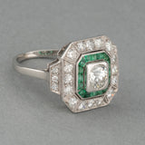 Platinum Diamonds and Emeralds French Art Deco ring