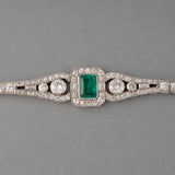 Bracelet Art Déco Français Platine Diamants et Émeraude