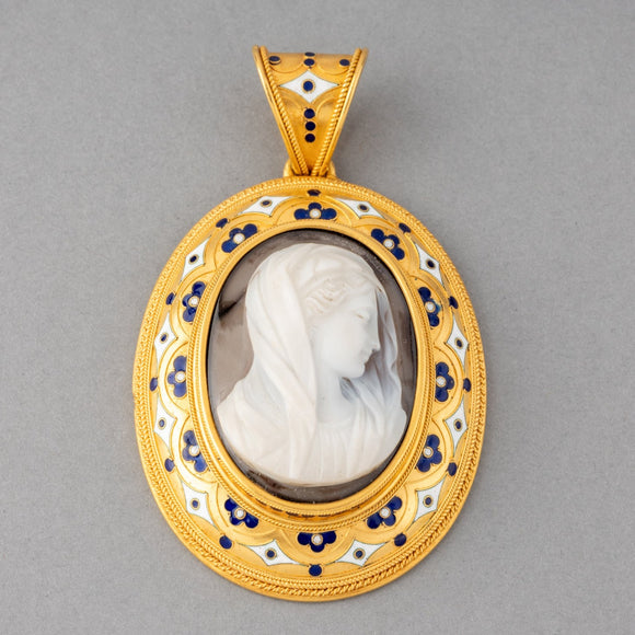Gold Enamel and Agate Cameo Antique Italian Pendant