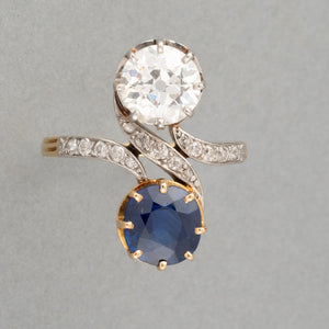 Gold Diamond and Sapphire French Antique Toi et Moi Ring