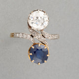 Gold Diamond and Sapphire French Antique Toi et Moi Ring