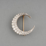 Gold and 6 Carats Diamonds French Antique Crescent Brooch