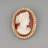 Gold Pearls and Agate Cameo Antique Brooch