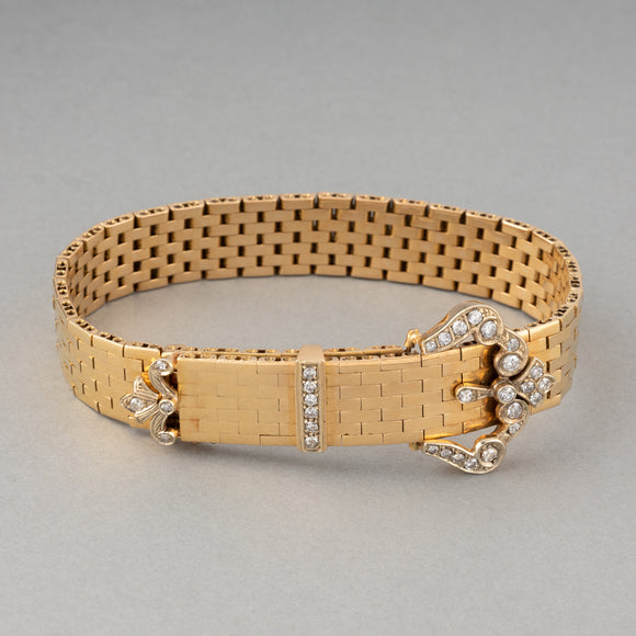 French Vintage Yellow Gold and Diamonds Belt Bracelet