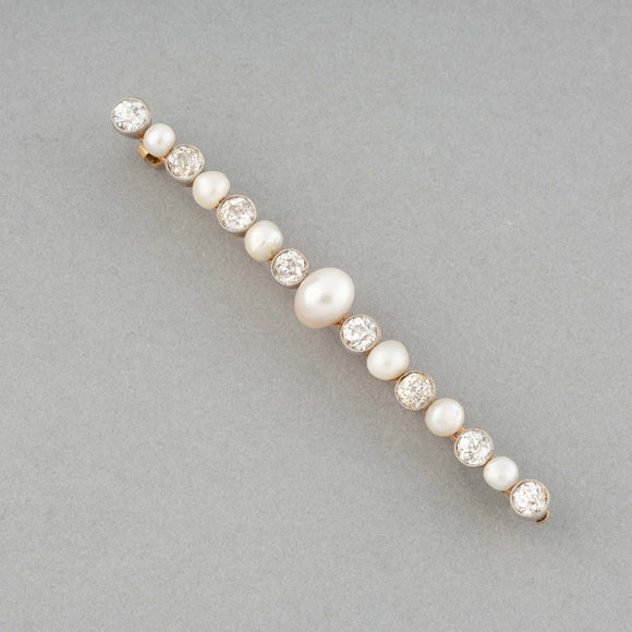 French Antique Brooch in Gold Diamonds and Natural Pearls