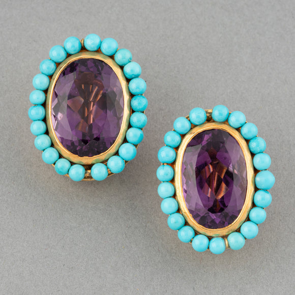 Gold Turquoises and Amethysts Vintage Earrings