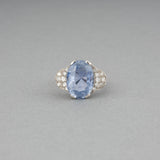 Platinum Diamonds and Certified 9.84 Carats Ceylon Sapphire French Vintage Ring