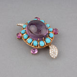 French Vintage Turtle Brooch in Amethyst Diamonds  and Turquoizes