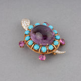 French Vintage Turtle Brooch in Amethyst Diamonds  and Turquoizes