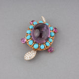 French Vintage Turtle Brooch in Amethyst Diamonds  and Turquoizes