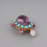 French Vintage Turtle Brooch in Amethyst Diamonds  and Turquoizes