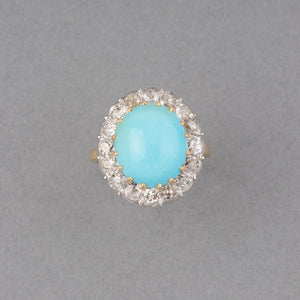 Gold Platinum Diamonds and Turquoize French Vintage Ring