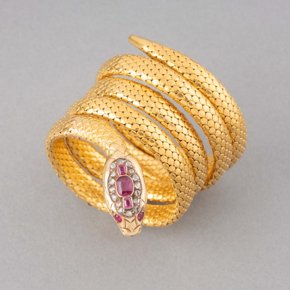 Gold Diamonds and Rubies French Antique Snake Bracelet