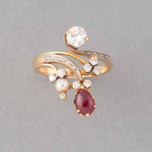 Gold Diamonds and Ruby French Belle Epoque Ring