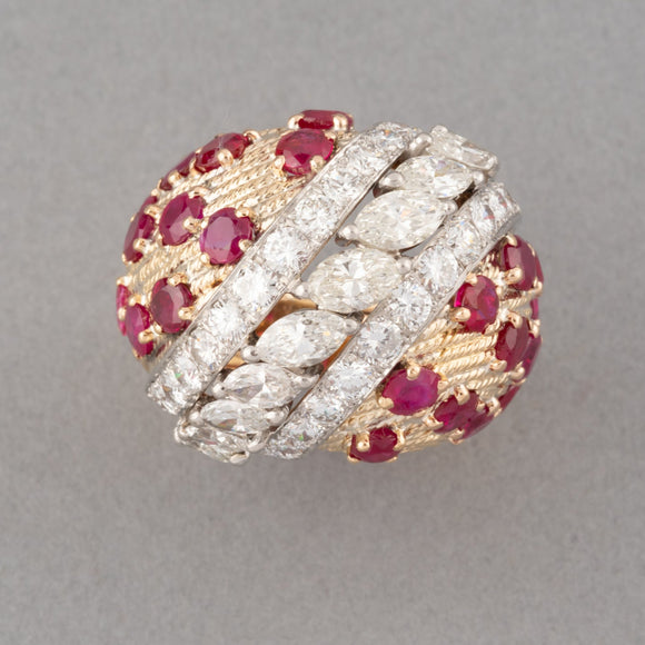 4.50 Carats Diamonds and Rubies French Vintage Cocktail Ring