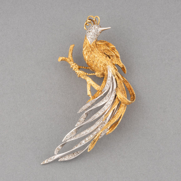 Gold and Diamonds French Vintage Bird Oiseau de Paradis Brooch