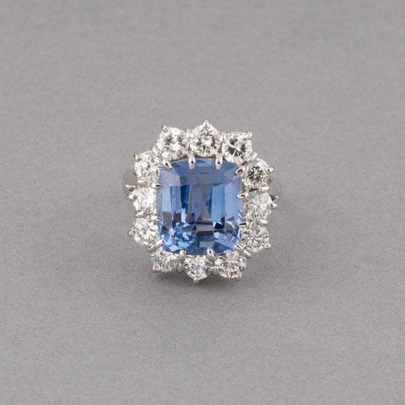 Certified 7.40 Carats Sapphire and 2.40 Carats Diamonds French Vintage Ring