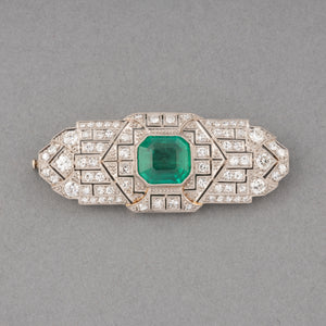 3 Carats Emerald and Diamonds French Art Deco Brooch