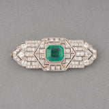 3 Carats Emerald and Diamonds French Art Deco Brooch