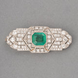 3 Carats Emerald and Diamonds French Art Deco Brooch