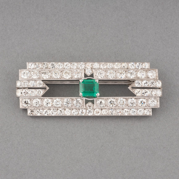 5 Carats Diamonds and 1.23 Carats Emerald French Art Deco Brooch