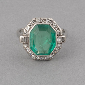 Certified 5 Carats Colombian Emerald and Diamonds French Art Deco Ring