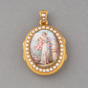 Gold Pearls and Enamel Miniature Antique French Pendant Locket