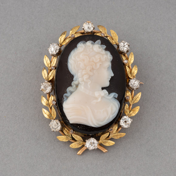 Gold Diamonds and Agate French Antique Cameo Brooch