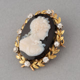 Gold Diamonds and Agate French Antique Cameo Brooch