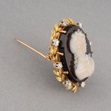 Gold Diamonds and Agate French Antique Cameo Brooch