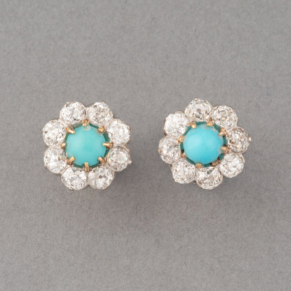 Gold Diamonds and Turquoises French Antique Earrings