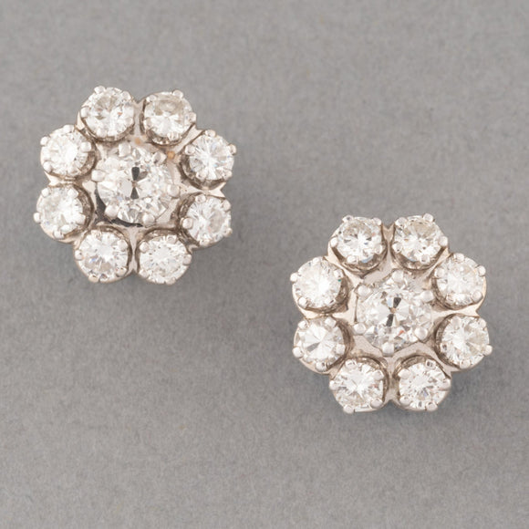 Gold and 2.20 Carats Diamonds French Retro Earrings