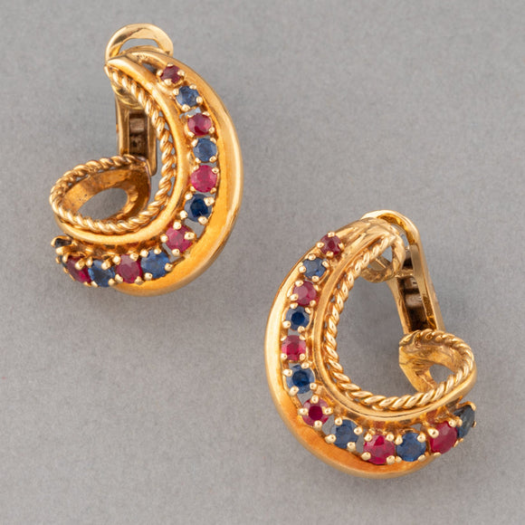 Gold Sapphires and Rubies French Vintage Earrings