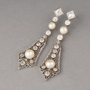 Gold Platinum Diamonds and Natural Pearls Antique Earrings