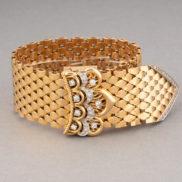 Gold Platinum and 1.50 Carats Diamonds French Vintage Belt Bracelet