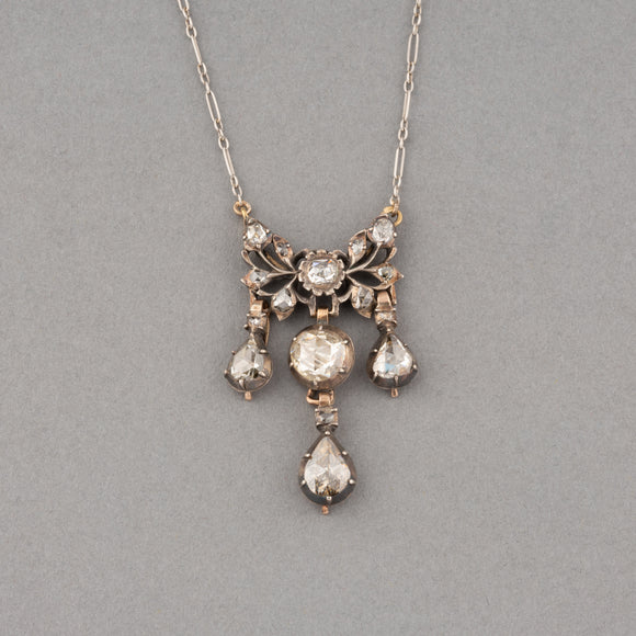 Gold Platinum Silver and Diamonds French Antique Pendant Necklace