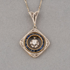 Gold Platinum Diamonds and Sapphires French Antique Pendant Necklace