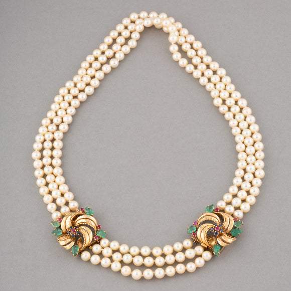 Gold Pearls and Precious Stones French Vintage Necklace