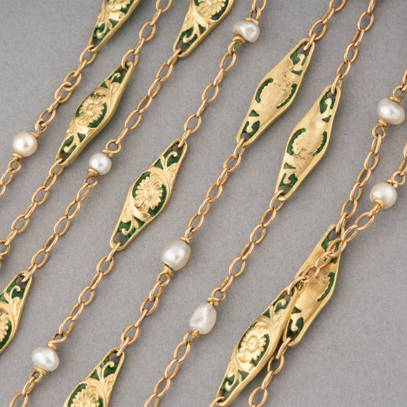 Gold Enamel and Pearls French Art Nouveau Necklace