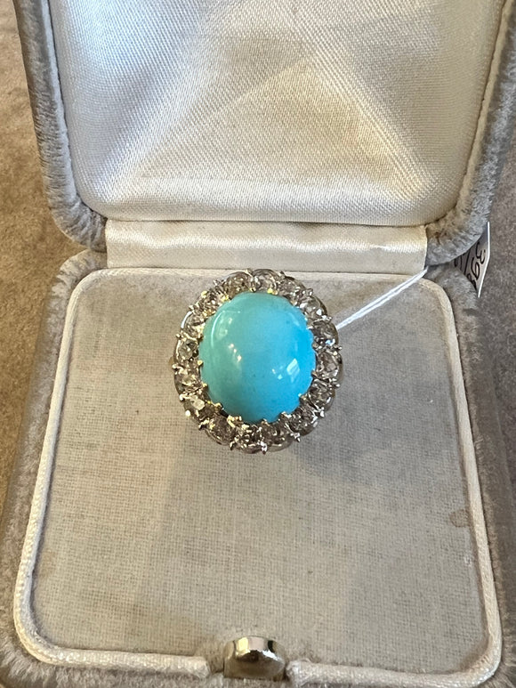 Gold Platinum Diamonds and Turquoize French Vintage Ring