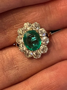 Certified 1.50 Carats Colombian Emerald and 1.50 Carats Diamonds French Belle Epoque Ring