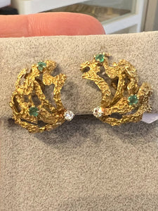 Gold Diamonds and Emeralds French Vintage Earrings