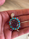 French Vintage Turtle Brooch in Amethyst Diamonds  and Turquoizes