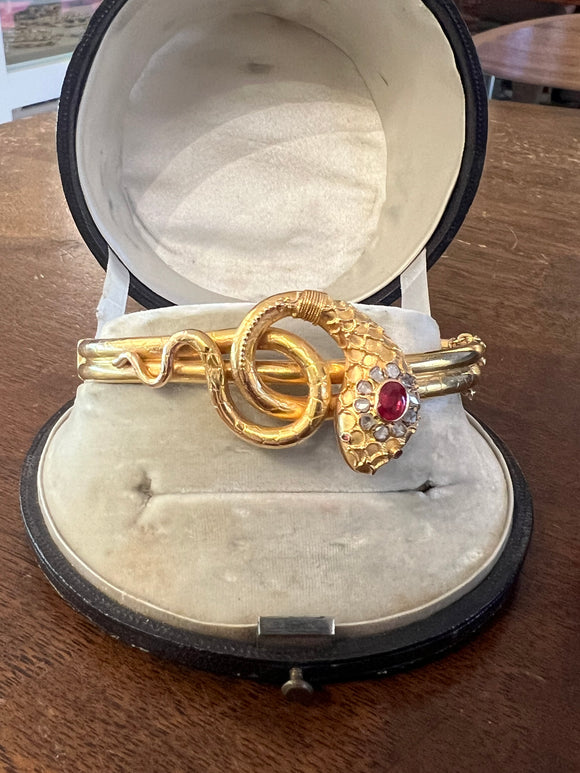 Gold Diamonds and Ruby French Antique Snake Bracelet