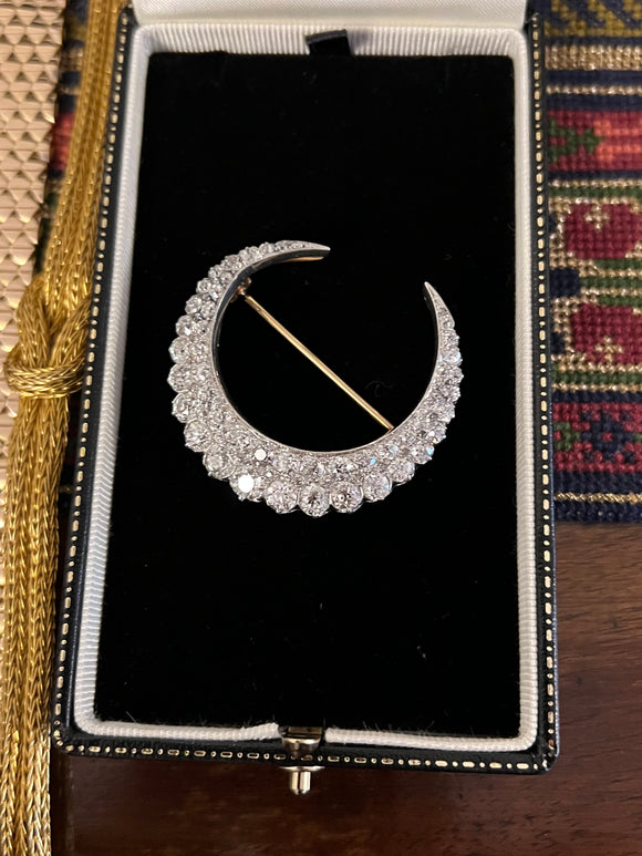 Gold and 6 Carats Diamonds French Antique Crescent Brooch
