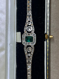 Bracelet Art Déco Français Platine Diamants et Émeraude