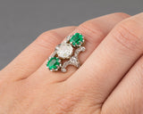 1.40 Carats Emeralds and 1.10 Carat Diamonds French Antique Ring