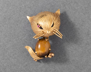 Gold and Tiger Eye Vintage French Cat Brooch
